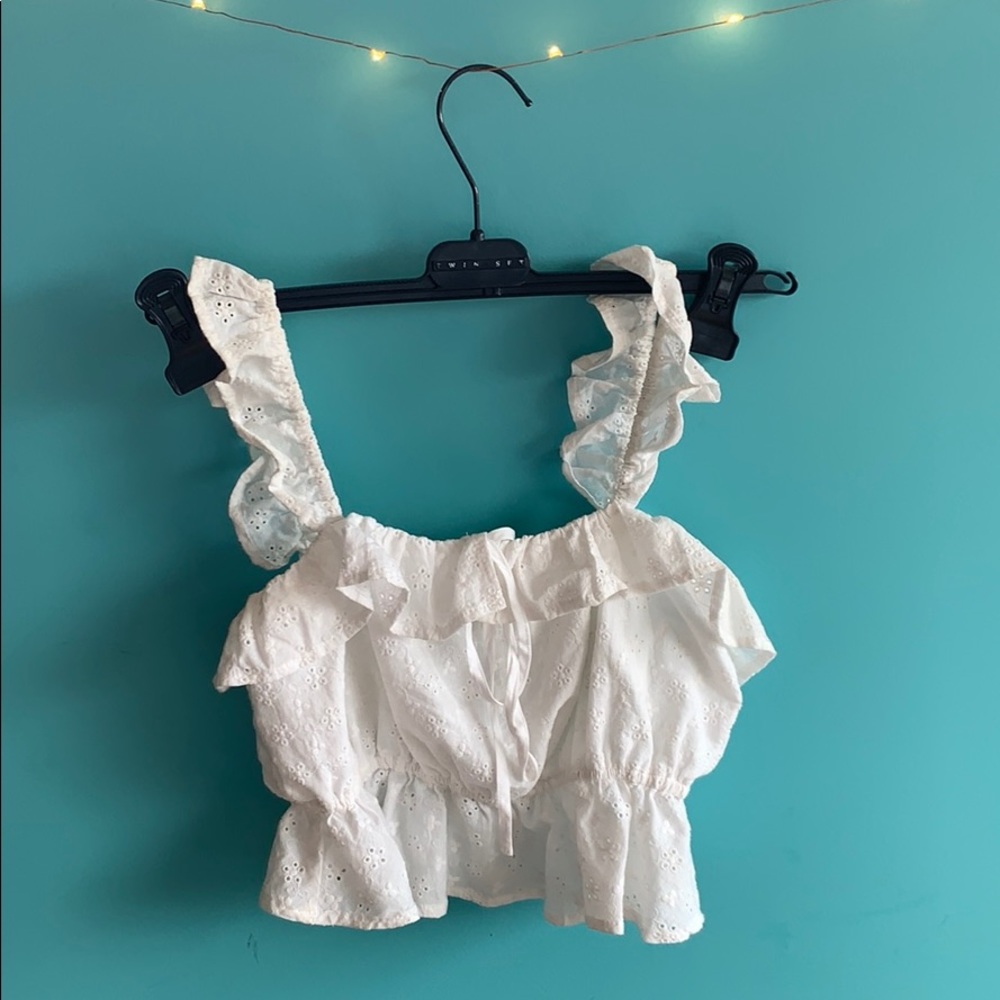 White Floral Ruffle Crop Top